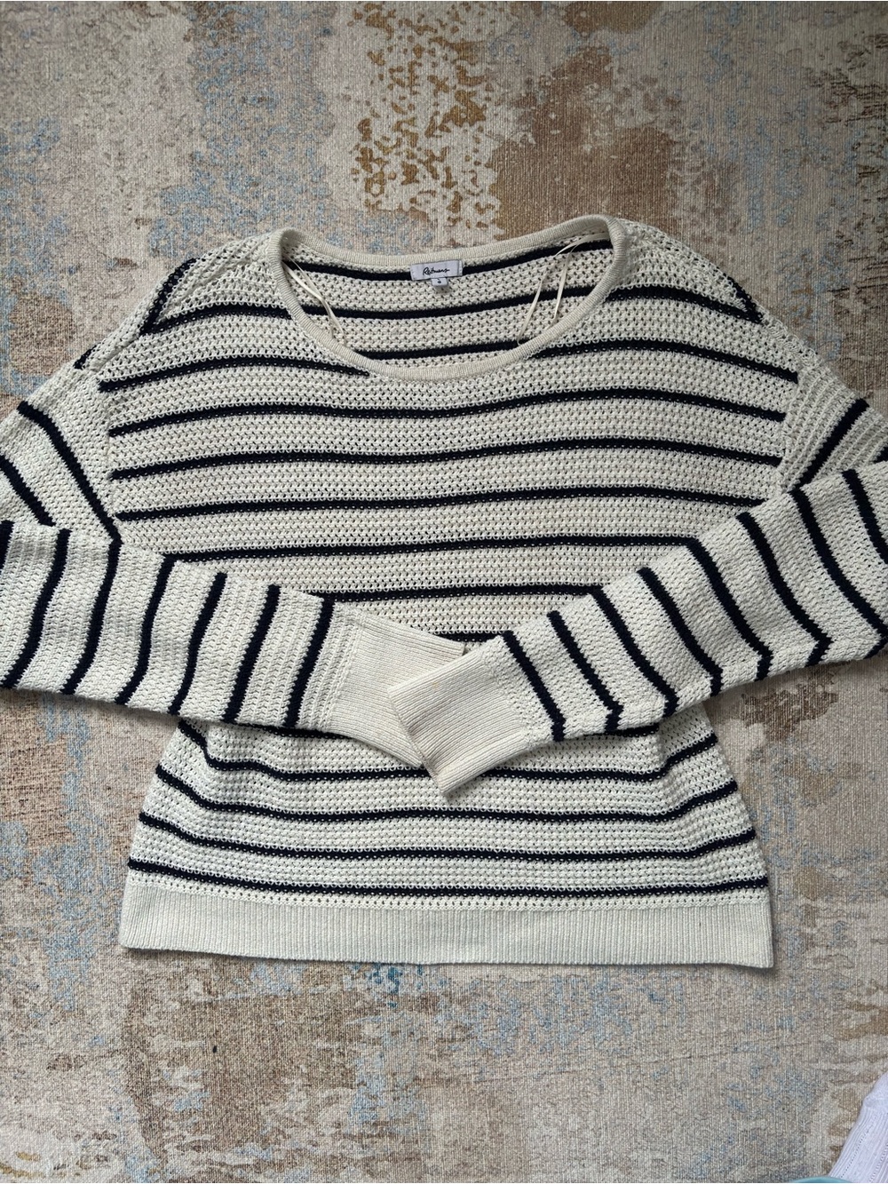 Reitmans Cream and Black Striped Crewneck Sweater